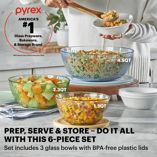 Pyrex® Colors Sculpted Tinted 6-piece Mixing Bowl Set
